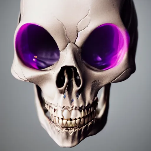 Image similar to a detailed professional portrait of a fancy skeleton with expressive features and metallic teeth, metal teeth, professional photography, longshot, full portrait, skeleton in a suit, purple glowing eyes