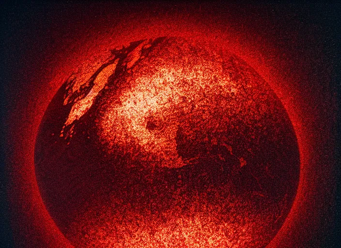 Prompt: the planet earth on fire view from space, Mads Berg, Karolis Strautniekas, film noir, stippled light, dramatic lighting,editorial illustration, detailed,fine texture, matte print, dark orange, red, black