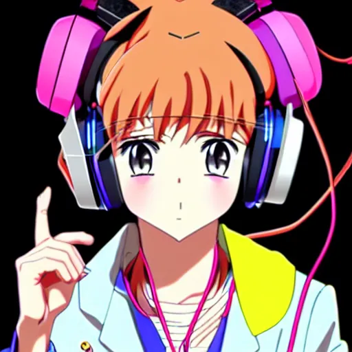 Image similar to An anime character's head wearing retro headphones. 90s anime, Sailor Moon, Neon Genesis, official art, flat cell shading, fantastic screenshot art, trending on artstation