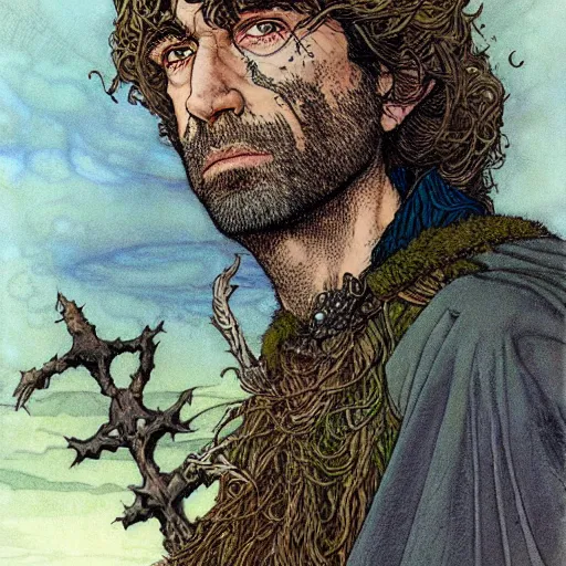 Image similar to a realistic and atmospheric portrait of humprey bogart as a druidic warrior wizard looking at the camera with an intelligent gaze by rebecca guay, michael kaluta, charles vess and jean moebius giraud