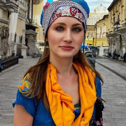 Prompt: photo of a beautiful ukrainian woman from odessa near the tram square