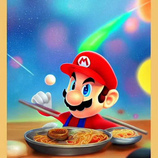 Prompt: mario in space eating ramen, trending on artstation, ultra realistic, ultra detailed, digital painting