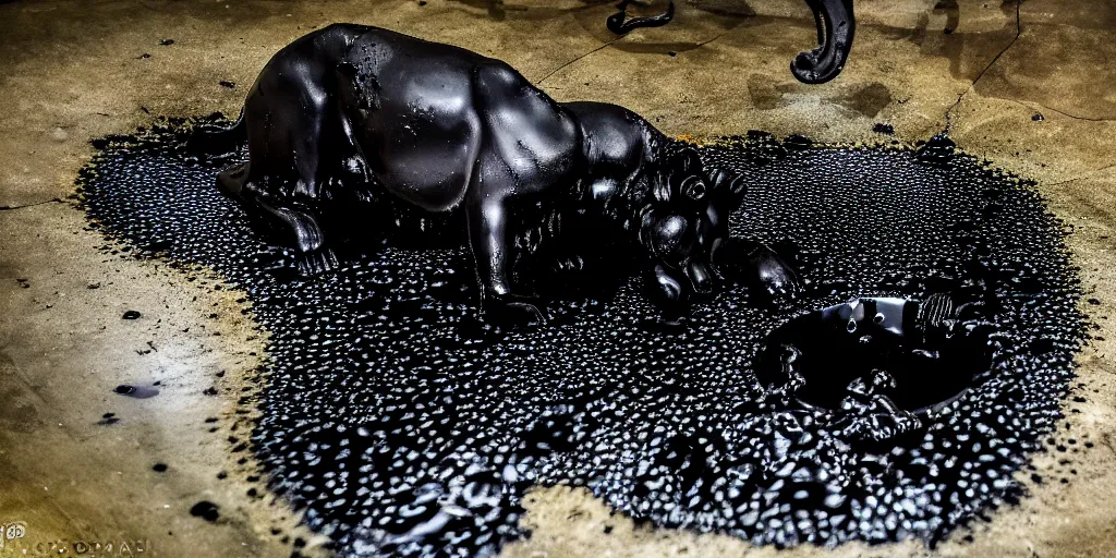 Prompt: the black lioness made of ferrofluid, bathing in the drinking basin in the zoo exhibit, viscous, sticky, full of black goo, covered with black goo, splattered black goo, dripping black goo, dripping goo, splattered goo, sticky black goo. photography, dslr, reflections, black goo, zoo, exhibit