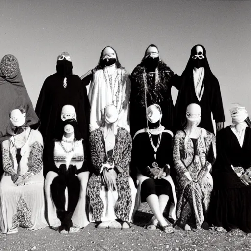 Image similar to vintage photo group portrait of a esoteric cult members in desert, early black and white 8mm, wear red tunics and gold mask and jewels