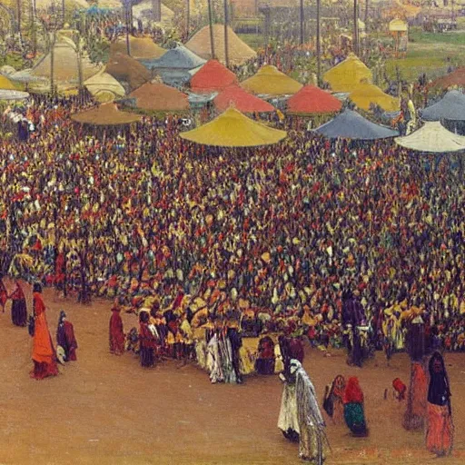 Prompt: dahomey officials with flat colorful umbrellas gather nearby tall red teepee in ahomey's huge main square, from above, 1905, highly detailed, oil on canvas, by ilya repin