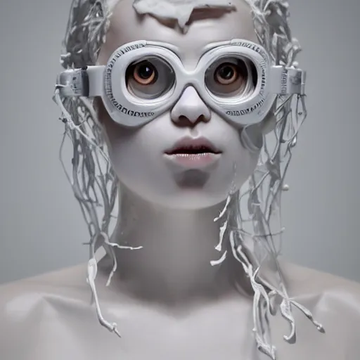 Image similar to full head and shoulders, beautiful female porcelain sculpture with melting white paint 3 d cyborg elements, white prosthetic eyes, 3 d goggles, smooth, all white features on a white background, delicate facial features, white eyes, white lashes, detailed white liquid, anatomical by daniel arsham and james jean