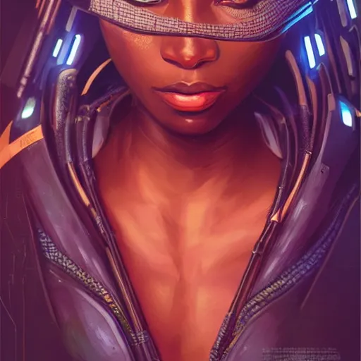 Image similar to african cyberpunk huntress, science fiction, highly detailed, digital painting, beautiful eyes, symmetry, concept art, sharp focus, illustration, global illumination, radiant light, synthwave colors, detailed and intricate environment, art by artgerm and greg rutkowski and magali villeneuve and ilya kuvshinov!