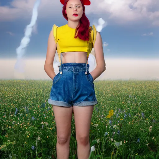 Prompt: misty from pokemon, wearing a yellow crop top and blue denim shorts with red suspenders on top, standing in a field, by gottfried helnwein, dslr full body portrait, sigma 8 5 mm f / 1. 8