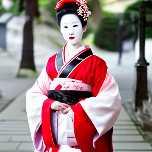 Prompt: gorgeous Japanese geisha, white makeup, red lips, kimono, full body, kyoto, high detail,