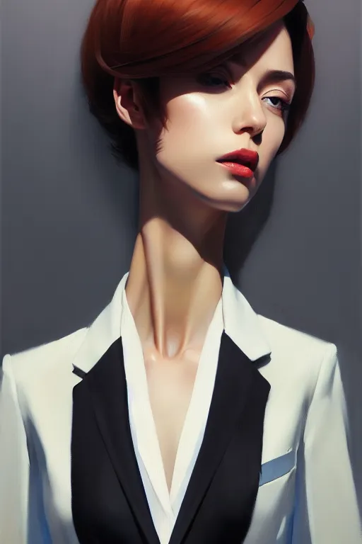 Prompt: a ultradetailed beautiful panting of a stylish woman wearing a oversized suit with a tie, oil painting, by ilya kuvshinov, greg rutkowski and makoto shinkai, trending on artstation