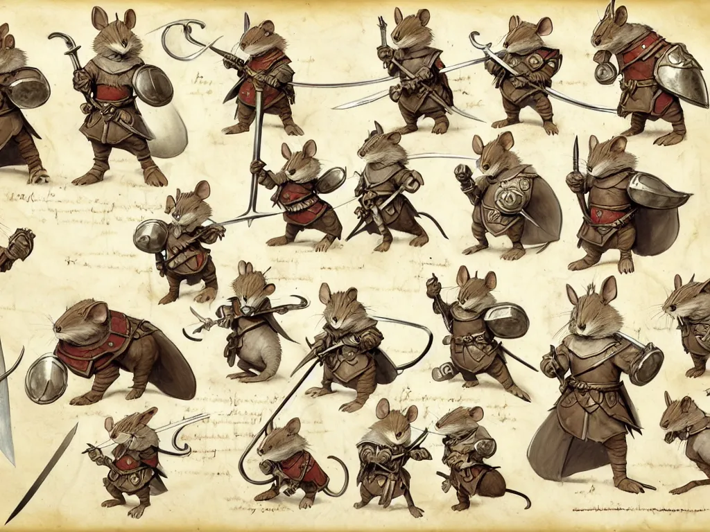 Prompt: character design sheet for a heroic mouse knight with sword and shield on a parchment background, redwall, greg rutowski and jean baptiste monge, very very detailed, epic fantasy concept art