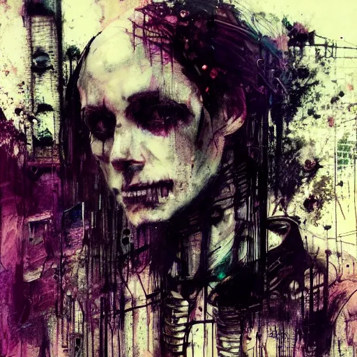 Prompt: a cyberpunk gothic noir detective, skulls, wires cybernetic implants, machine noir grimcore in cyberspace photoreal, atmospheric by jeremy mann francis bacon and agnes cecile, ink drips paint smears digital glitches