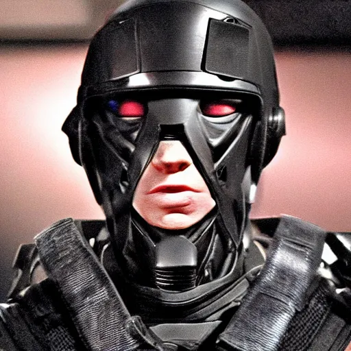 Image similar to eminem wearing a futuristic full face ballistic mask which is large video screen image of eminem's face, and he is wearing black leather exoskeleton mechanical body armor. a mini - gun is attached to the end of a robot arm that mounted on his shoulder - h 6 4 0