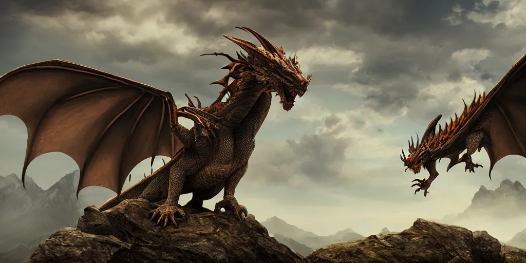 Image similar to A dragon with half open wings on the top of a mountain, epic composition, detailed and intricate image, cinematic, 4K