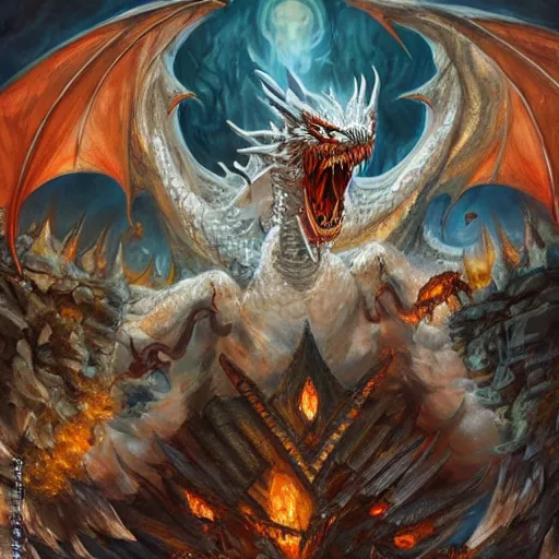 Prompt: the head of an evil white dragon attacking a village, by Tony Sart, detailed, realistic, masterpiece, symmetrical