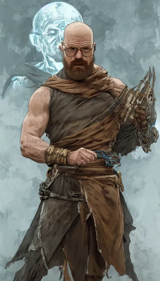 Image similar to Heisenberg as Kratos, highly detailed, digital painting, artstation, concept art, smooth, sharp focus, illustration, ArtStation, art by artgerm and greg rutkowski and alphonse mucha and J. C. Leyendecker and Edmund Blair Leighton and Katsuhiro Otomo and Geof Darrow and Phil hale and Ashley wood and Ilya repin and Charlie Bowater