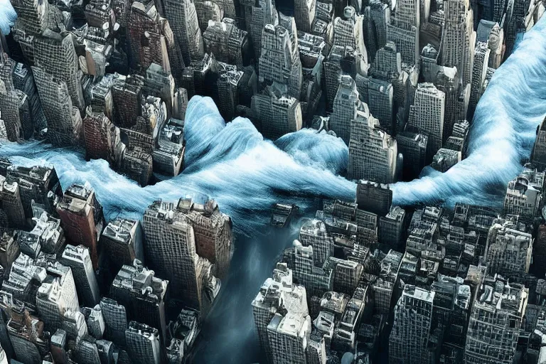 Prompt: tsunami crashing over manhattan, water flowing everywhere, bird's eye view, wide shot, cinematic, realistic style, very detailed