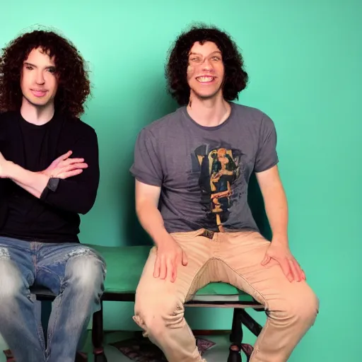 Image similar to a photo of dan avidan and arin hanson in the backrooms, hd, 4 k, soft vignette