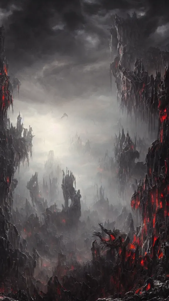 Image similar to the demonic souls of the damned emerging from cracks in the corrupted earth and flying up into the sky, extravagant matte painting, highly detailed oil painting, 8k, devastatingly harrowing atmosphere, elegant cinematic fantasy art, overwhelming depth and detail, magic, dark oppressive colors, intricate masterpiece