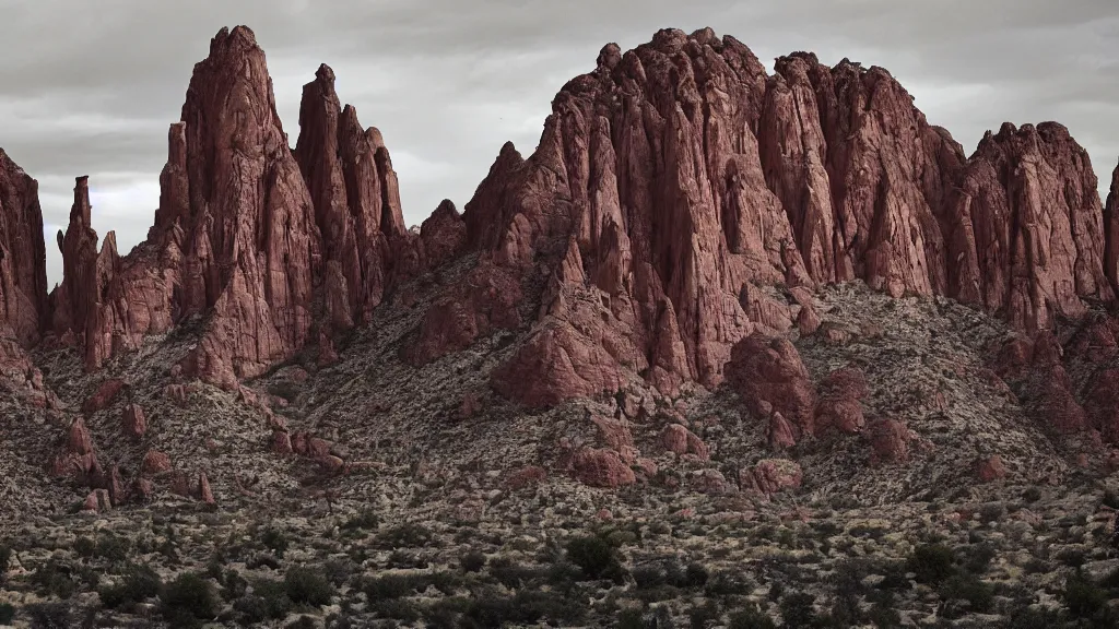 Image similar to an atmospheric film still by Ridley Scott with a huge towering dark gothic cathedral carved out of rock at the top of a red rock canyon