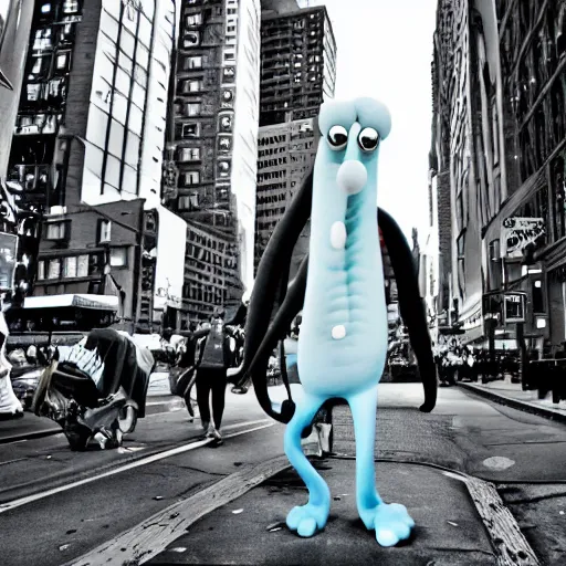 Prompt: A badass photo of squidward tentacles walking in new york, hyper detailed, award winning photography, perfect faces