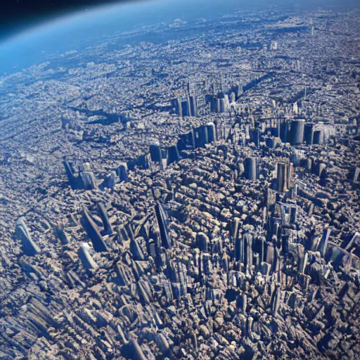 Prompt: a photo of a city without the earth's atmosphere. taken by a human from the ground.