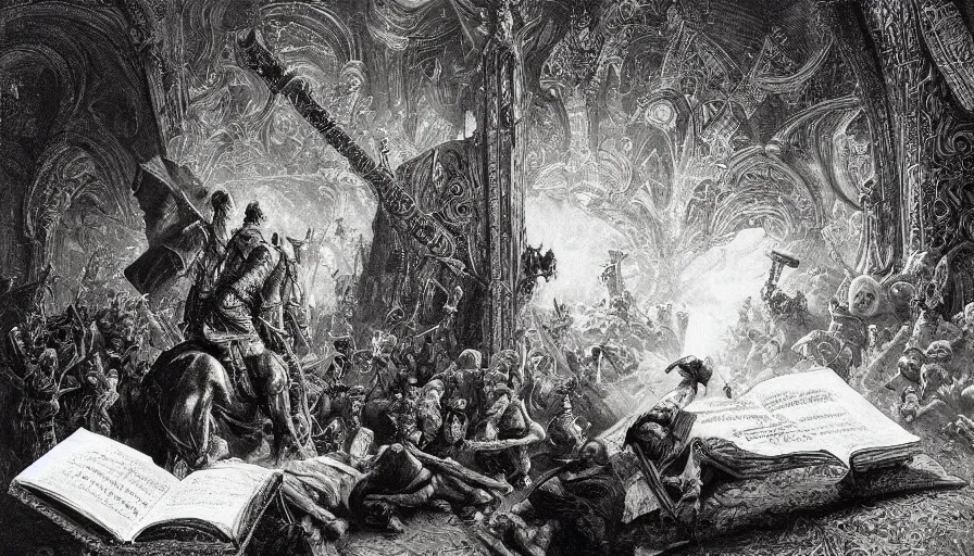 Prompt: big book, open book page, don quixote stay on the book, cinematic romantic magical masterpiece, by gene wolfe, highly detailed painting by gustave dore