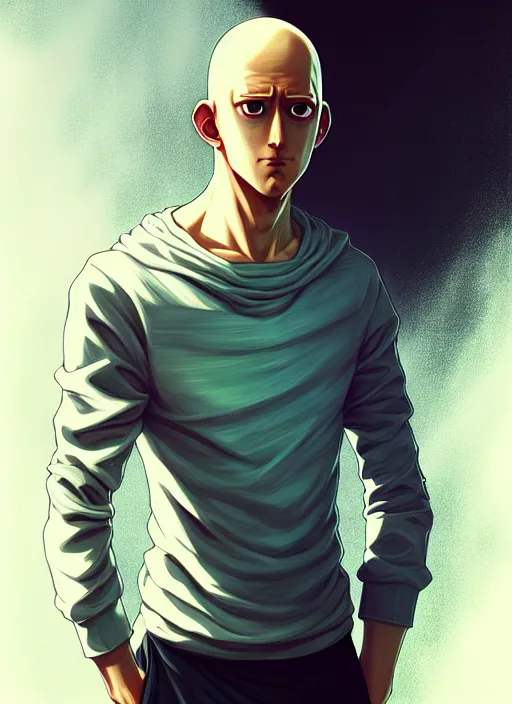 Image similar to handsome saitama, half body shot, path traced, cape, highly detailed, high quality, digital painting, alena aenami, lilia alvarado, shinji aramaki, karol bak, alphonse mucha, tom bagshaw