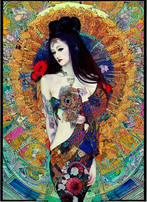 Image similar to cute punk goth fashion hippy fractal tattooed girl wearing kimono posing by Zhang Jingna, psychedelic poster art of by Victor Moscoso Rick Griffin Alphonse Mucha Gustav Klimt Ayami Kojima Amano Charlie Bowater, masterpiece