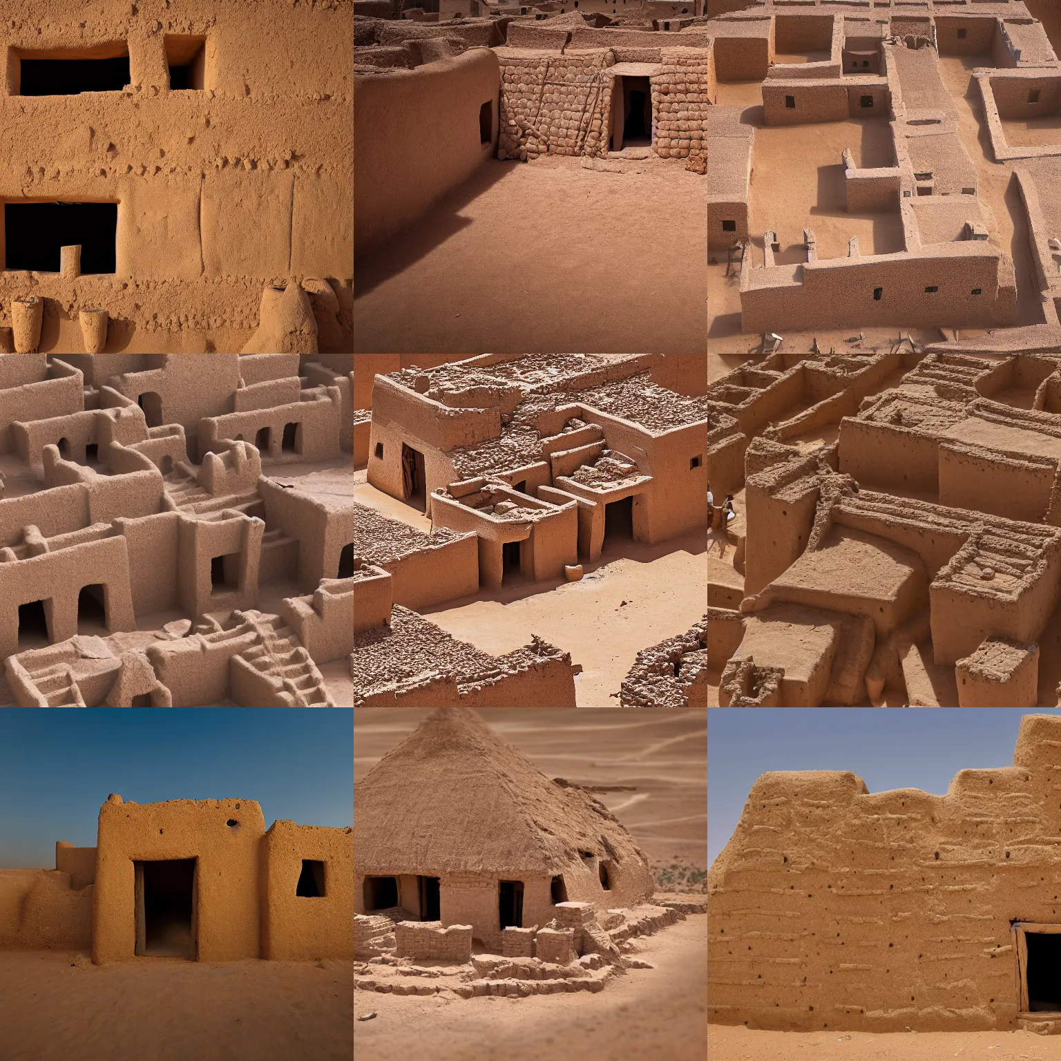 Prompt: High-quality tilt-shift photography of an old West African house made of mud bricks, Timbuktu, National Geographic