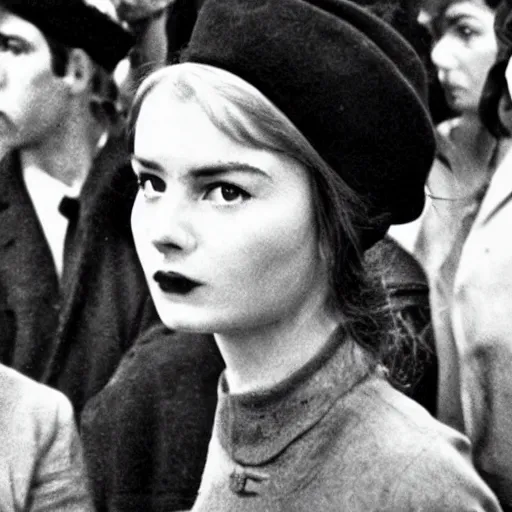 Prompt: still from a masterpiece 1 9 6 0 s french art film, very beautiful and elegant girl in beret with large eyebrows sits in the far background with an angry expression, moody lighting, viewed from afar, cinematic shot, the camera is focused on a crowd of people