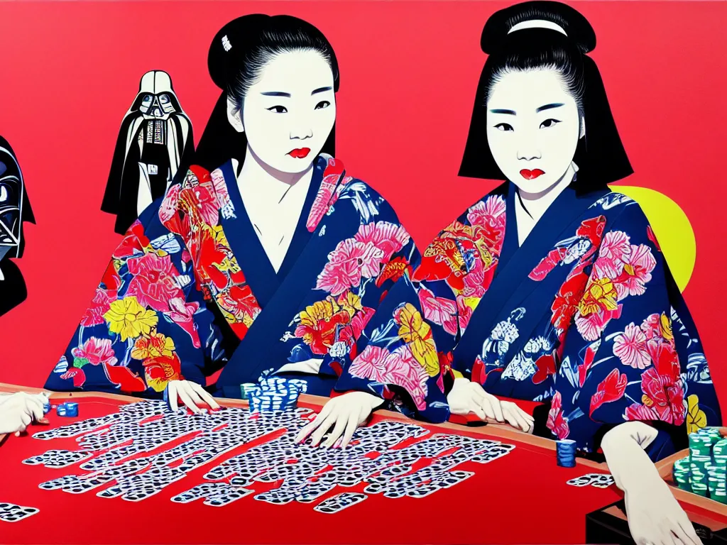 Image similar to hyperrealistic composition of the detailed woman in a japanese kimono sitting at a extremely detailed poker table with hyperdetailed darth vader, fireworks, mountain fuji on the background, pop - art style, jacky tsai style, andy warhol style, acrylic on canvas