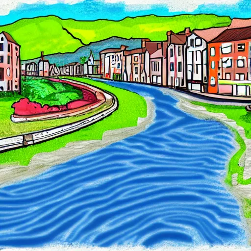 Image similar to digital art painting of a river running through a european town, very mediocre, not detailed at all.