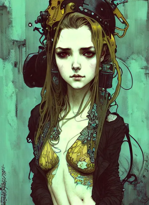 Image similar to highly detailed portrait of a moody sewerpunk young adult lady by krenz cushart, by artem demura, by alphonse mucha, by kaethe butcher, gradient yellow, black, brown and cyan color scheme, grunge aesthetic!!! ( ( graffiti tag city background ) )