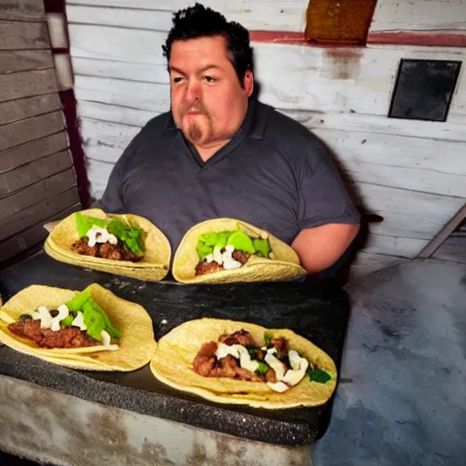 Image similar to tacos filled with rotten liver and dirty napkins. a fat man licks his lips looking at the tacos.