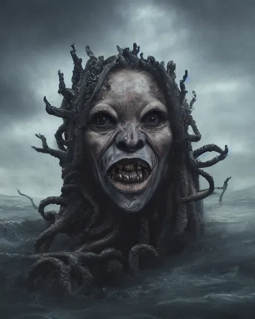 Image similar to a close up portrait of a creepy grotesque sea witch with dark turbulent skies, photorealistic, by jessica rossier, 4 k resolution