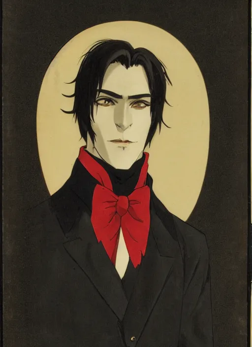 Image similar to portrait by studio gainax, handsome male vampire, focus on face, long black hair, dark blue shirt, light brown coat, red - eyes,