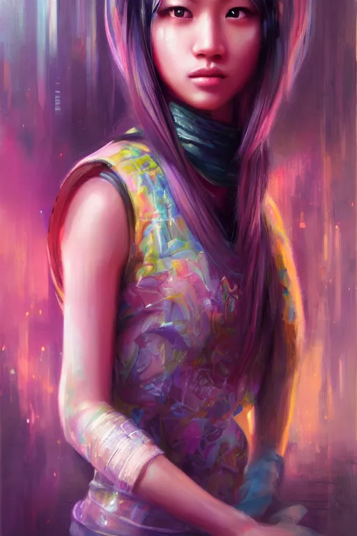 Prompt: stunning highly detailed portrait of a beautiful asian female cyberpunk, soft lighting, pastel neon colors, oil on canvas, strong lighting, by Mandy Jurgens, HD, 4K