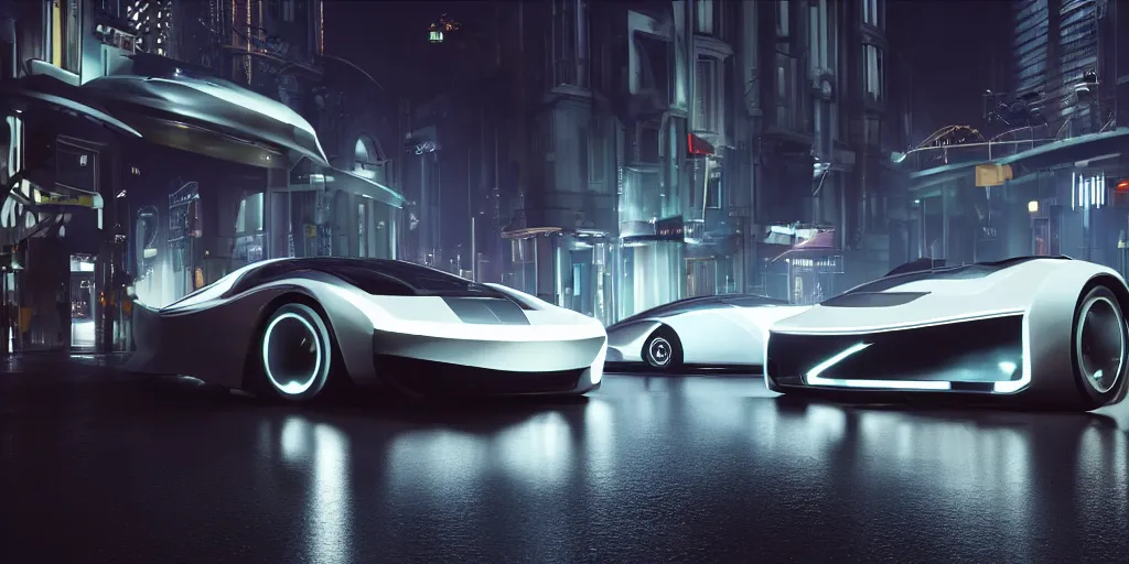 Image similar to cinematic movie scene, beautiful Product shot film still of a Syd Mead futuristic modern sleek automobile with bright headlights on a wet street at night in cyperpunk city at a valet for a fancy restaurant, hard surface modeling, volumetric soft lighting, style of Stanley Kubrick cinematography, 8k H 768