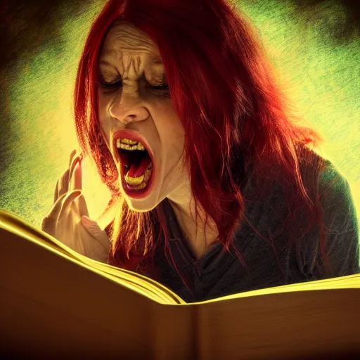 Image similar to enraged witch tearing her own book while screaming in frustration, comedy, fantasy, D&D, HDR, natural light, dynamic pose, award winning photograph, 8k, Mucha style,