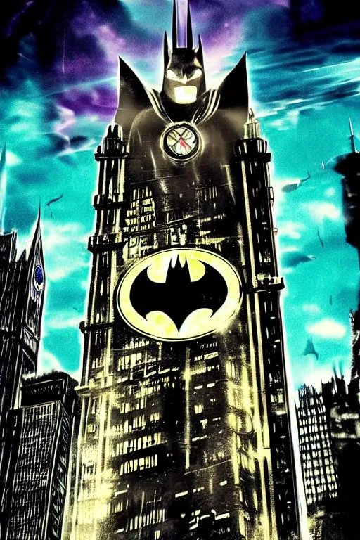 Image similar to gotham city with batman logo in sky, aesthetic, fantasy, bioshock pop art, by mike swiderek, jorge lacera, ben lo, tyler west,, ultrarealistic, sharp focus, intricate, ultra high definition details, shadow effect