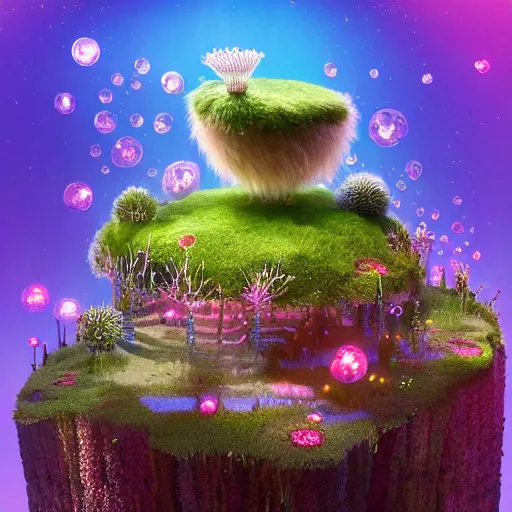 Prompt: tiny fur tower, vegetation, expressive eyes, floating, rbc, radiolaria, protophyta, micro - organisms, center frame, symmetric, rim light, marine microbiology, bioluminescence, electric, fur, soft, concept art, intricate details, highly detailed, colorful, photorealistic, disney pixar, octane render, iridescent, anime, 8 k