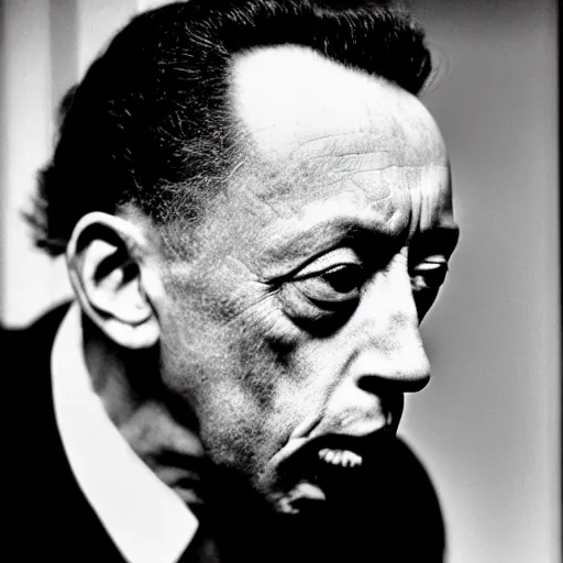 Image similar to 8k black and white photograph portrait of Albert Camus sticking his tongue out. National Geographic.