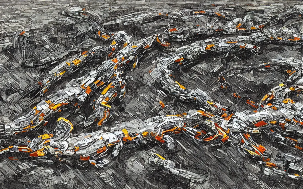 Prompt: giant robot centipede travelling across a broken landscape