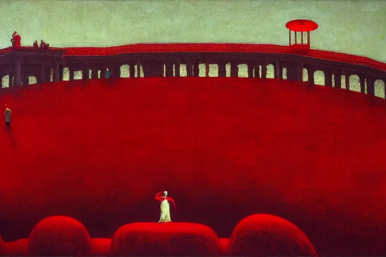 Image similar to only with red, a red great emperor, taormina amphitheatre, crowd with big smile, in the style of beksinski, parts by edward hopper, parts by rodcenko, parts by yue minjun, intricate and epic composition, red by caravaggio, insanely quality, highly detailed, masterpiece, red light, artstation, 4 k