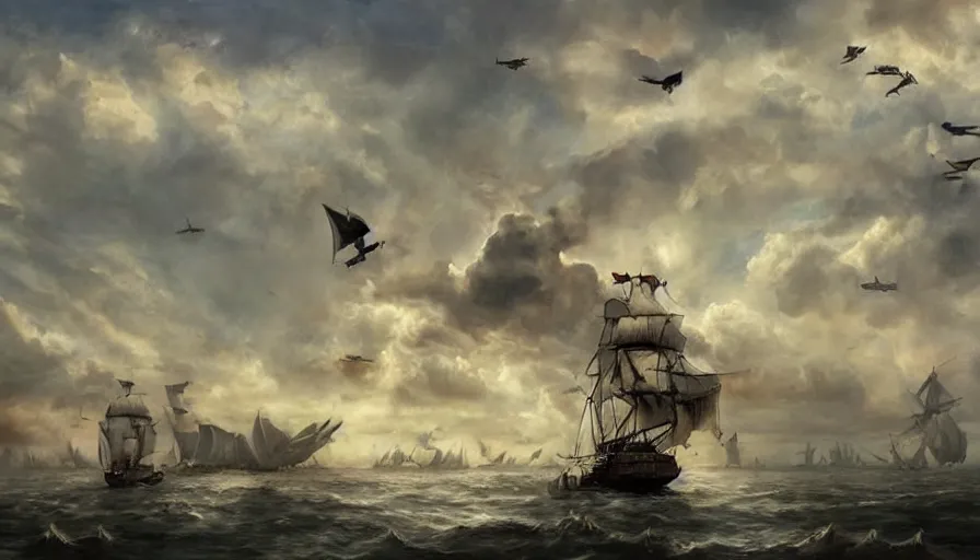 Image similar to a large pirate airship flying among the clouds, soaring through the sky, realist painting, pirate, beautiful, highly detailed, trending on art station