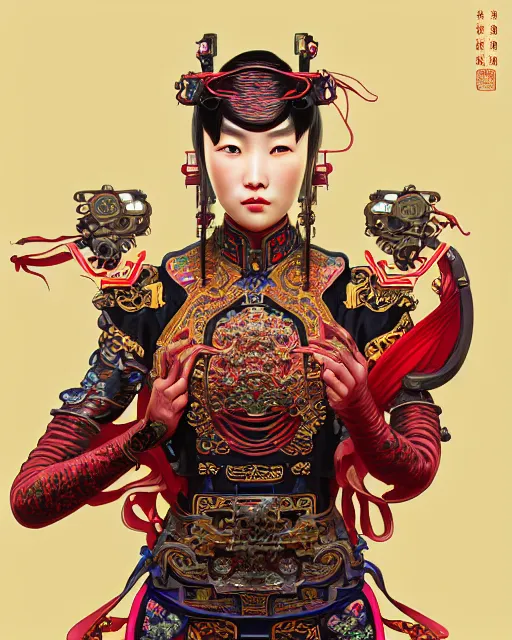 Image similar to portrait of a chinese cyberpunk machine, machine face, arms, upper half portrait, decorated with chinese opera motifs, regal, asian, fine china, wuxia, traditional chinese art intricate intense elegant 京 剧 highly detailed digital painting artstation concept art smooth sharp focus illustration, art by artgerm and greg rutkowski alphonse mucha 8 k