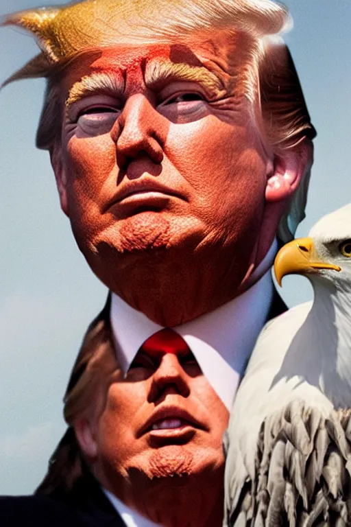 Image similar to Close-up portrait of Donald Trump with an American bald eagle on his head, octane, dramatic lighting, editorial photo, 35mm, very detailed