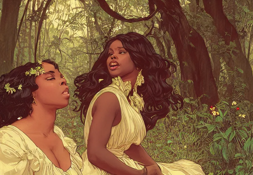 Image similar to a black woman seen from behind from far away with flowing hair and a flowing sundress dreaming in a forest, fine details by realistic shaded lighting poster by ilya kuvshinov katsuhiro otomo, magali villeneuve, artgerm, jeremy lipkin and michael garmash and rob rey, art nouveau, alphonse mucha, william - adolphe bouguereau, golden hour