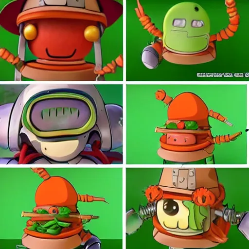 Image similar to cute robot made of vegetables, tomato head and a carrot sword, made in abyss style